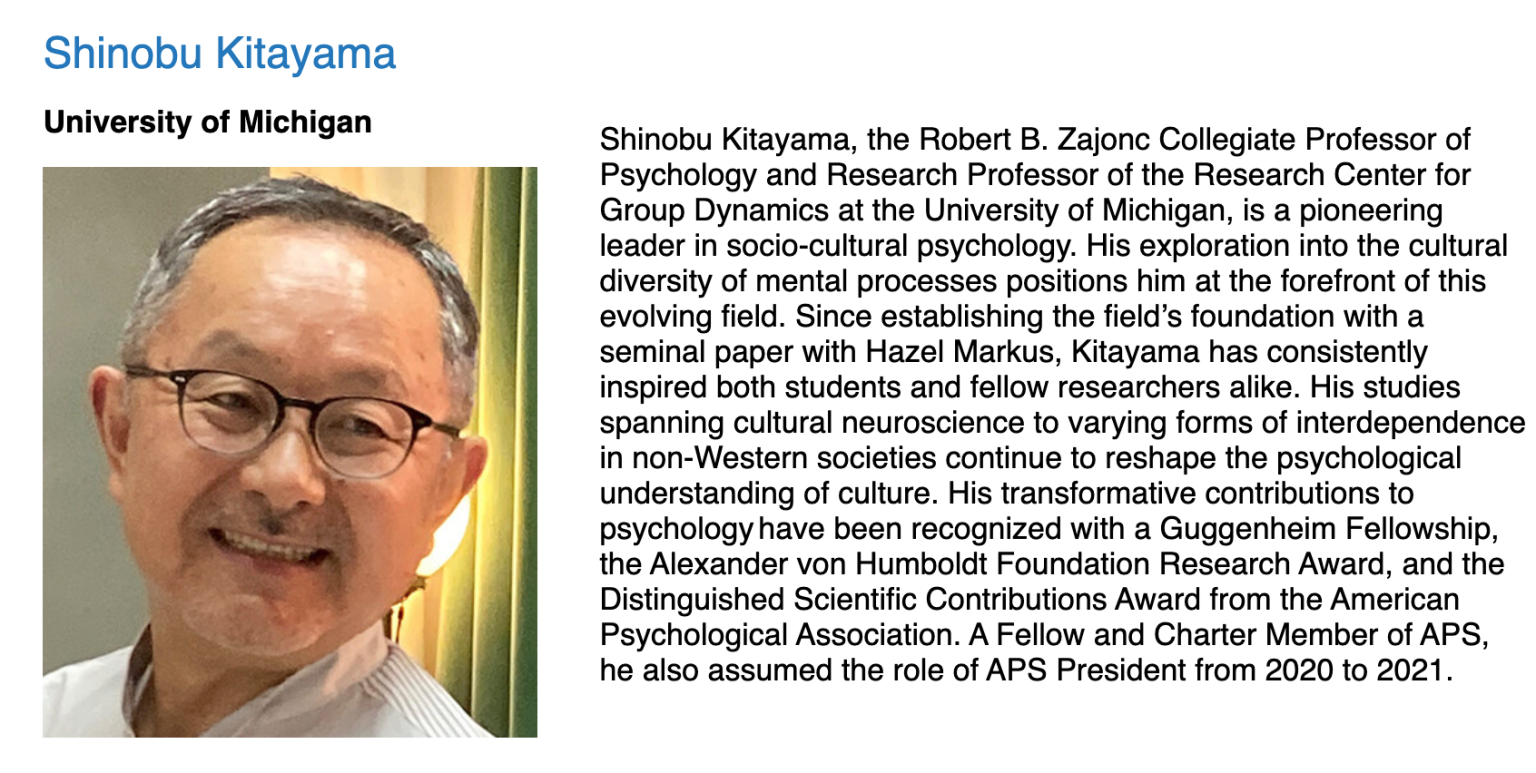 Shinobu Kitayama has received the APS William James Fellow Award 2024